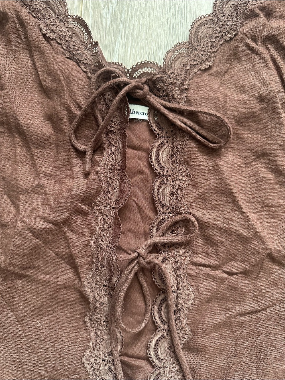 Abercrombie & Fitch Lace Trim Tie Front Top Tank Linen Blend Brown Sz XL NWT New - Picture 7 of 12